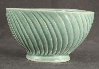 VINTAGE Art Pottery Aqua Teal Crackle Glaze Ovoid Ribbed Swirl Open Candy Bowl 2