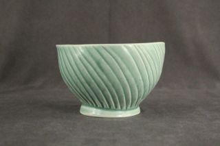 VINTAGE Art Pottery Aqua Teal Crackle Glaze Ovoid Ribbed Swirl Open Candy Bowl 3