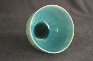 VINTAGE Art Pottery Aqua Teal Crackle Glaze Ovoid Ribbed Swirl Open Candy Bowl 4