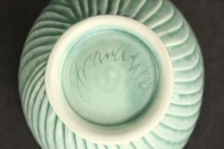 VINTAGE Art Pottery Aqua Teal Crackle Glaze Ovoid Ribbed Swirl Open Candy Bowl 5