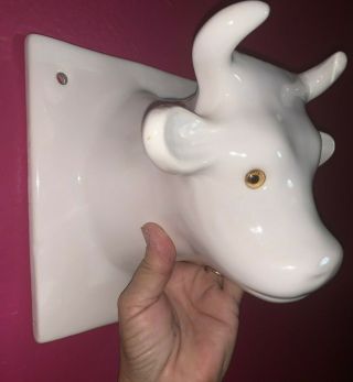 Vintage White Ceramic Cow / Bull / Steer Head Towel Apron Holder Wall Rack Hook