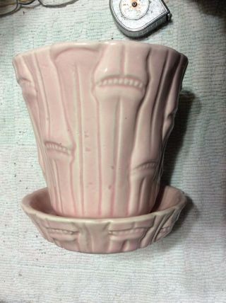 Vintage Brush Mccoy Art Pottery Pink Bamboo Planter Pot W/attached Saucer 5 1/4”