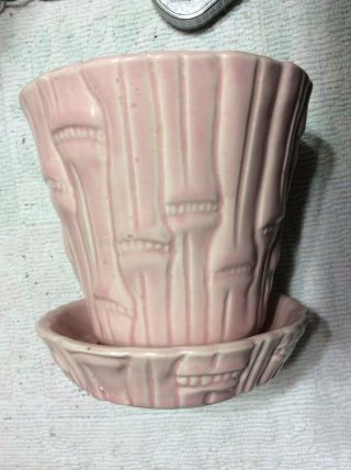 Vintage Brush McCoy Art Pottery Pink Bamboo Planter Pot w/Attached Saucer 5 1/4” 2
