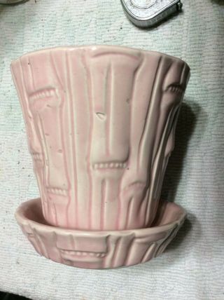 Vintage Brush McCoy Art Pottery Pink Bamboo Planter Pot w/Attached Saucer 5 1/4” 5