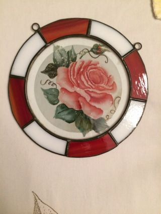 Vintage Stained Glass Suncatcher Hand Painted Rose 8”