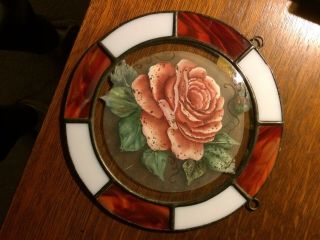 Vintage Stained Glass Suncatcher Hand Painted Rose 8” 3