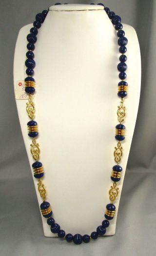 Vintage Nos Trifari Blue Beaded Gold Tone Accents 30 " Long Necklace 849