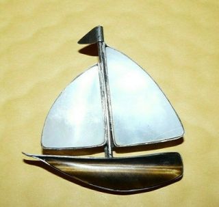 Vtg Sterling Silver Tigers & Eye Mother Of Pearl Nautical " Sailboat " Pin Signed