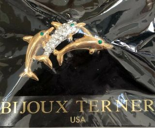 Vintage Pin Brooch Bijoux Terner Green Clear Gold Rhinestone Dolphin 1 3/4” Nwt