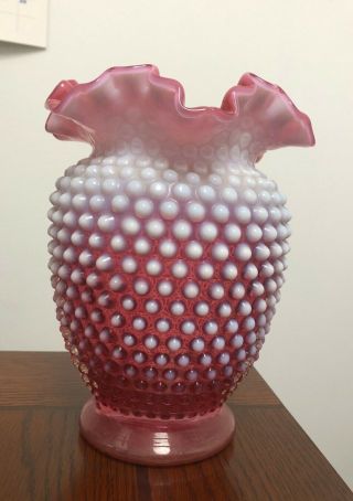 Vintage Fenton Cranberry Opalescent Glass Hobnail Large Vase Ruffled Edge 7.  5 In
