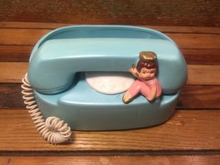 Vintage 50’s Napcoware Ceramic Planter Made In Japan Girl & Telephone Baby Blue
