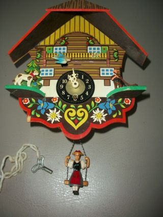 Vintage Miniature German Wind - Up Wall Clock Girl On Swing Pendulum W/key