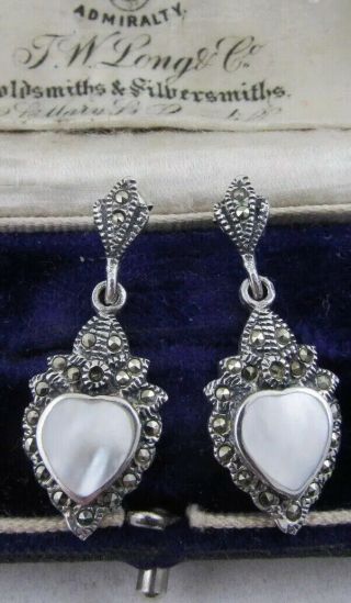Vintage Silver Marcasite Mother Of Pearl Dangle Earrings Victorian Style 925