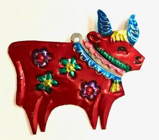 Mexican Cow Bull Christmas Ornament Vintage Flat Tin Folk Art Cowbell Bright
