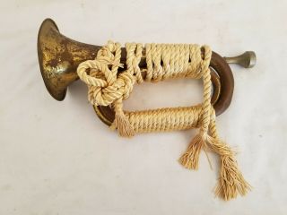Vintage Military Decorated Brass Bugle Horn Trumpet Yellow Braid Cord & Tassels