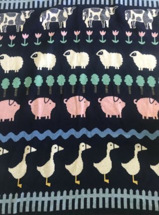 Vtg Crown Crafts Acrylic Blanket Throw 60x80 Farm Animals Sheep Ducks Pigs Cows