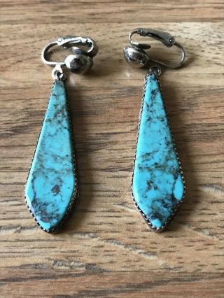 Vintage Native American Large Sterling Silver & Turquoise Signed Earrings
