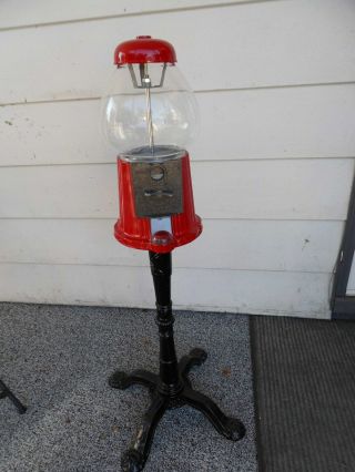 Vtg Red Carousel Bubble Gum Candy Machine With Stand Cast Metal
