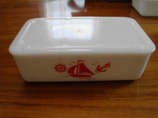 Vintage Mckee Red Sailboat Milk Glass Rectangular Dish 8x5x2 " Solid Lid