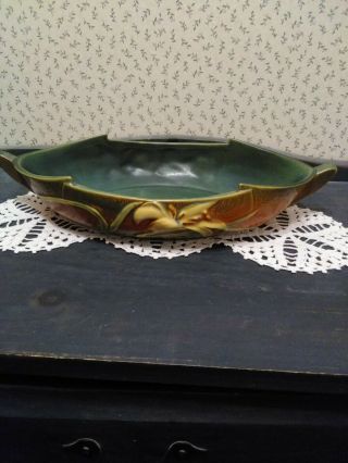 Vintage ROSEVILLE USA 478 - 12 Zephyr Brown and Green Lily Console Bowl w/handles 2