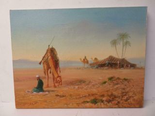 Vintage Old Painting Oil On Canvas Egypt Camel Desert