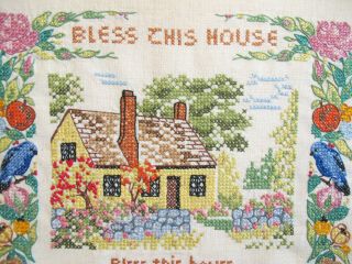 Vtg Completed BLESS THIS HOUSE Sampler Cross Stitch design by Julie Eisenhower 2
