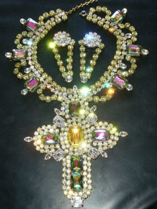 1960s Whauu Cross Necklace Set Bib Vintage Glass Signed Bijoux Mg F153