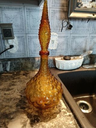 Genie Bottle Decanter Mid Century Amber Glass Empoli Made In Italy Vintage