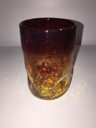 Vintage Mid - Century Modern Amberina Pinch Crackle Glass Vase Or Cup