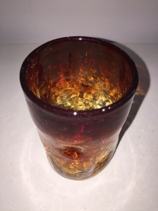 Vintage Mid - Century Modern Amberina Pinch Crackle Glass Vase or Cup 2