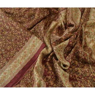 Sanskriti Vintage Brown Saree 100 Pure Silk Printed Sari Craft 5 Yard Fabric