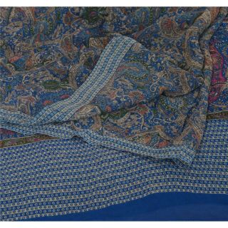Sanskriti Vintage Blue Saree Pure Georgette Silk Printed Sari Craft Decor Fabric