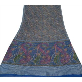 Sanskriti Vintage Blue Saree Pure Georgette Silk Printed Sari Craft Decor Fabric 3