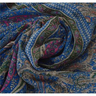 Sanskriti Vintage Blue Saree Pure Georgette Silk Printed Sari Craft Decor Fabric 4