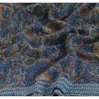 Sanskriti Vintage Blue Saree Pure Georgette Silk Printed Sari Craft Decor Fabric 5