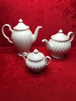 Vintage Johnson Bros Regency White Swirl Teapot Set Of 3 Made In England