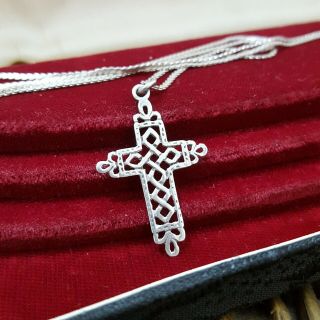 Vintage Sterling Silver Necklace,  Celtic Design Cross Pendant,  20 Inch Chain