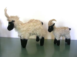 2 Vintage 1964 Steiff Rams Large And Small Snucki Mohair Billy Goats Germany