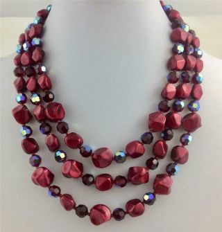 Vintage Castlecliff 3 Strand Ab Red Crystal Bead & Pearlized Red Beads Necklace