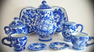 Miniature Vintage Tea Set Porcelain Blue And White 8 Pc.
