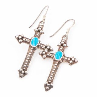 Vtg Sterling Silver - Turquoise Granulated Cross Religious Dangle Earrings - 7g