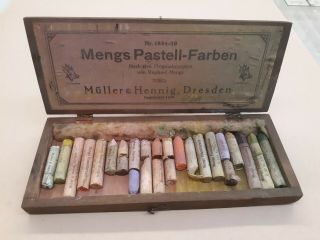 1874 Mengs Pastell - Farben Set Wood Box Vintage Muller Hennig Dresden Germany