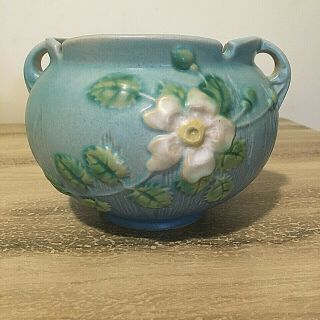 Vintage Roseville 653 - 4 Art Pottery White Rose Jardiniere Blue Green White 4
