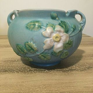 Vintage Roseville 653 - 4 Art Pottery White Rose Jardiniere Blue Green White 5