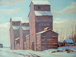 Large Vintage Oil On Canvas Winter Landscape " Wichita Grain " Factory