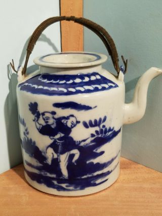 Vintage Blue/white Chinese Tea Pot Pre World War Ii With Lid