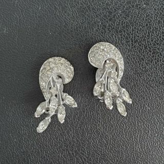 Signed Panetta Vintage Crystal Rhinestone Flower Leaf Wedding Clip Earrings T98