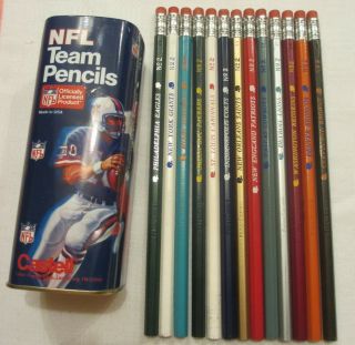 13 Vintage Faber Castell Nfl Team Pencils And Metal Pencil Holder