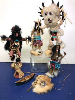 7 - 11” Vintage Native American Handmade 4 Kachina Dolls Signed Owl Bear Nelson