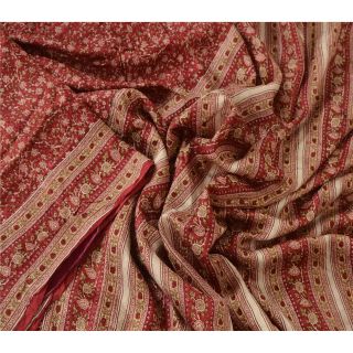 Sanskriti Vintage Dark Red Saree 100 Pure Silk Printed Sari Fabric Decor Craft